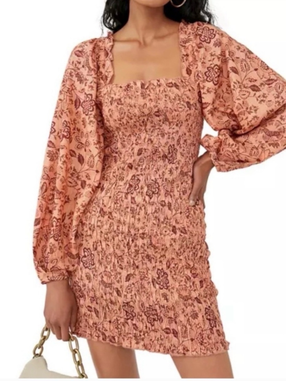NWT Free People Terracotta Floral Smocked Puff Sleeve Mini Dress- size S